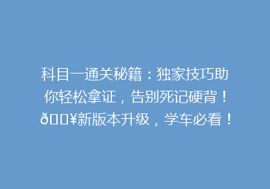 科目一通关秘籍：独家技巧助你轻松拿证，告别死记硬背！🔥新版本升级，学车必看！